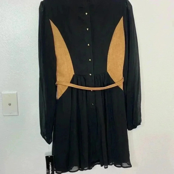 My Michelle Black Sheer Long sleeve Belted Button Back Detail Dress - Picture 6 of 9
